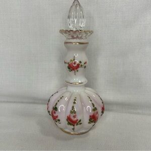 Fenton Charlton Rose Melon Floral Glass Perfume Bottle with Stopper 7”x3.25”
